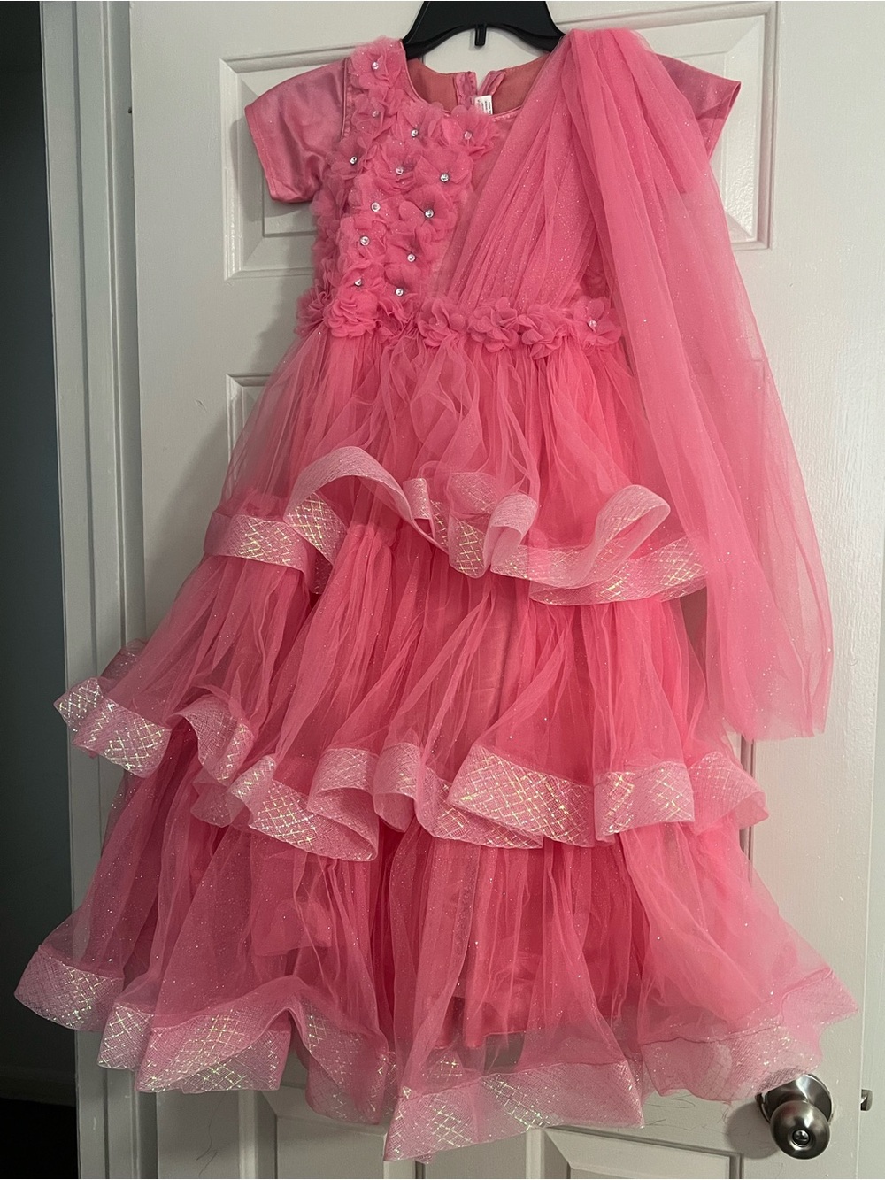 Girls Pink Ruffled Tulle Party Dress with Shawl